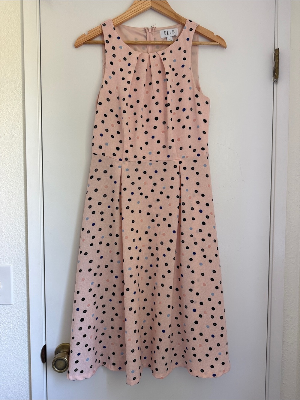 Elle Blush Pink Sleeveless Polka Dot Fit-and-Flare Dress